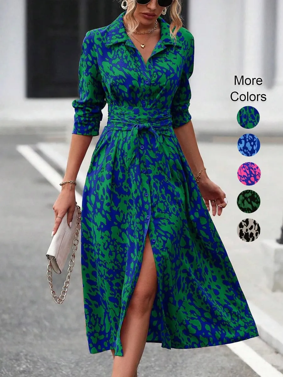 Elegant Random Print Button Down Shirt Dress Women's Long Sleeve Belted Waist Midi Dress Spring Fall Office Casual Dress — image 1
