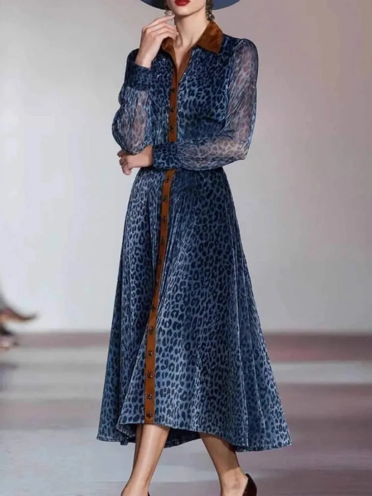 Women Elegant Dress Leopard Printed Mesh Dress Colorblock Lapel Collar Single Breasted Vintage Chic Long Sleeve Dress — image 4