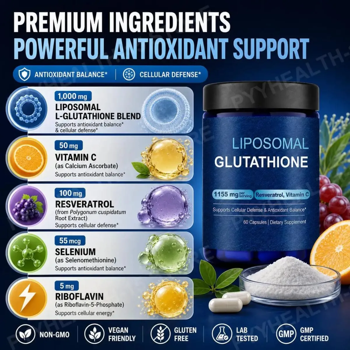 Liposomal Glutathione Capsules with Resveratrol and Vitamin C for Antioxidant Balance and Cellular Defense Support 60 Capsules — image 4