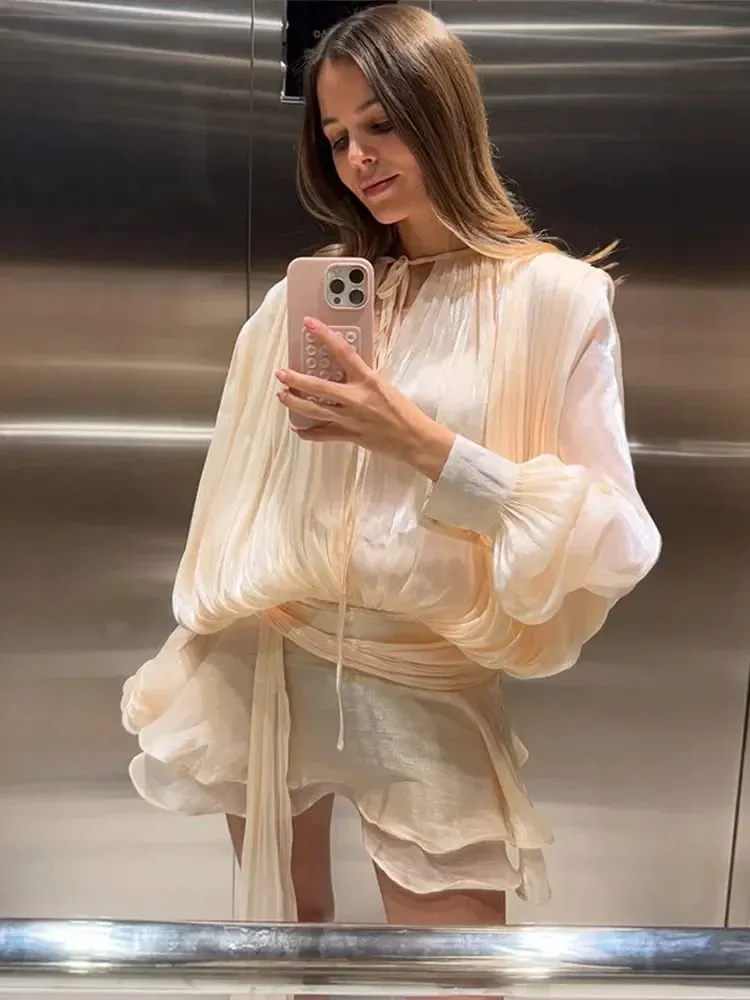 Elegant Shiny Pleated Mini Dress Women Lantern Sleeve Lace Up V Neck Vestidos 2026 Lady Spring New Evening Party Vacation Robes — image 3