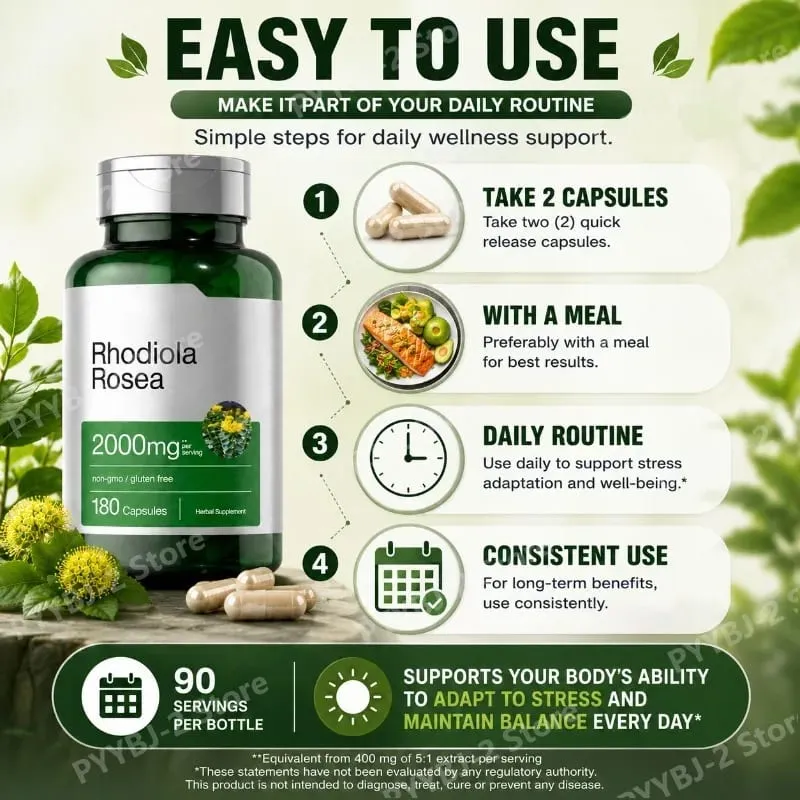 Cápsulas de Rhodiola Rosea 180 peças para alívio emocional e suporte à saúde imunológica - 2.000 mg de raiz de Rhodiola Rosea 5: 1 extrato de planta