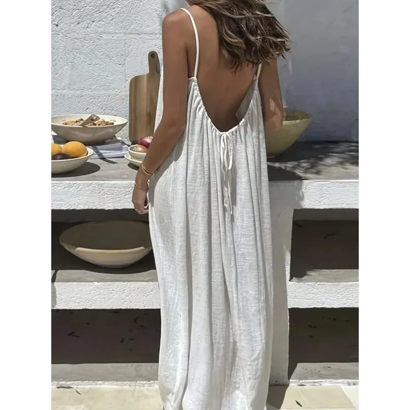 Women's Solid Color Backless Cami Dress Strappy Lounge Dress Open Back Maxi Length with Relaxed Fit Comfortable Home Wear — image 2