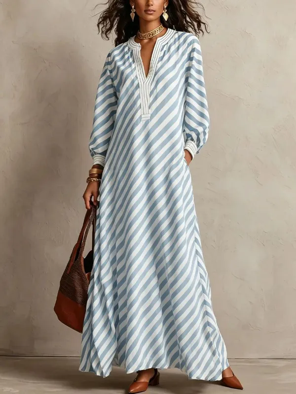 Fashion Stripe Print Maxi Dress 2026 Autumn Winter Women V‑Neck Long Sleeve Loose Casual Long Dresses Holiday Beach Boho Dress — image 7