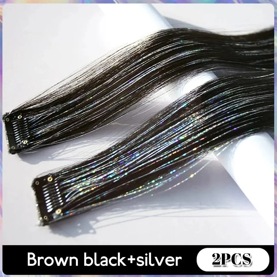 Shiny Sparkle Hair Extension Clip In Hair Tinsel Glitter Fairy Hair Tinsel Kit Heat Resistant 2Pcs Hair Streak Synthetic Hair — image 8