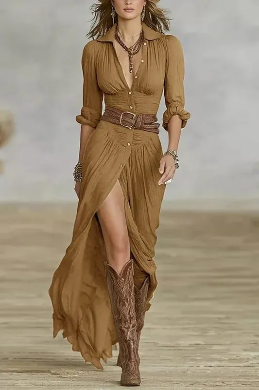 Sexy Fashion Women's Dress New French Retro V-neck Waist Pleated Loose Slit Temperament Long Sleeve Dresses For Women Robe Femal — image 9