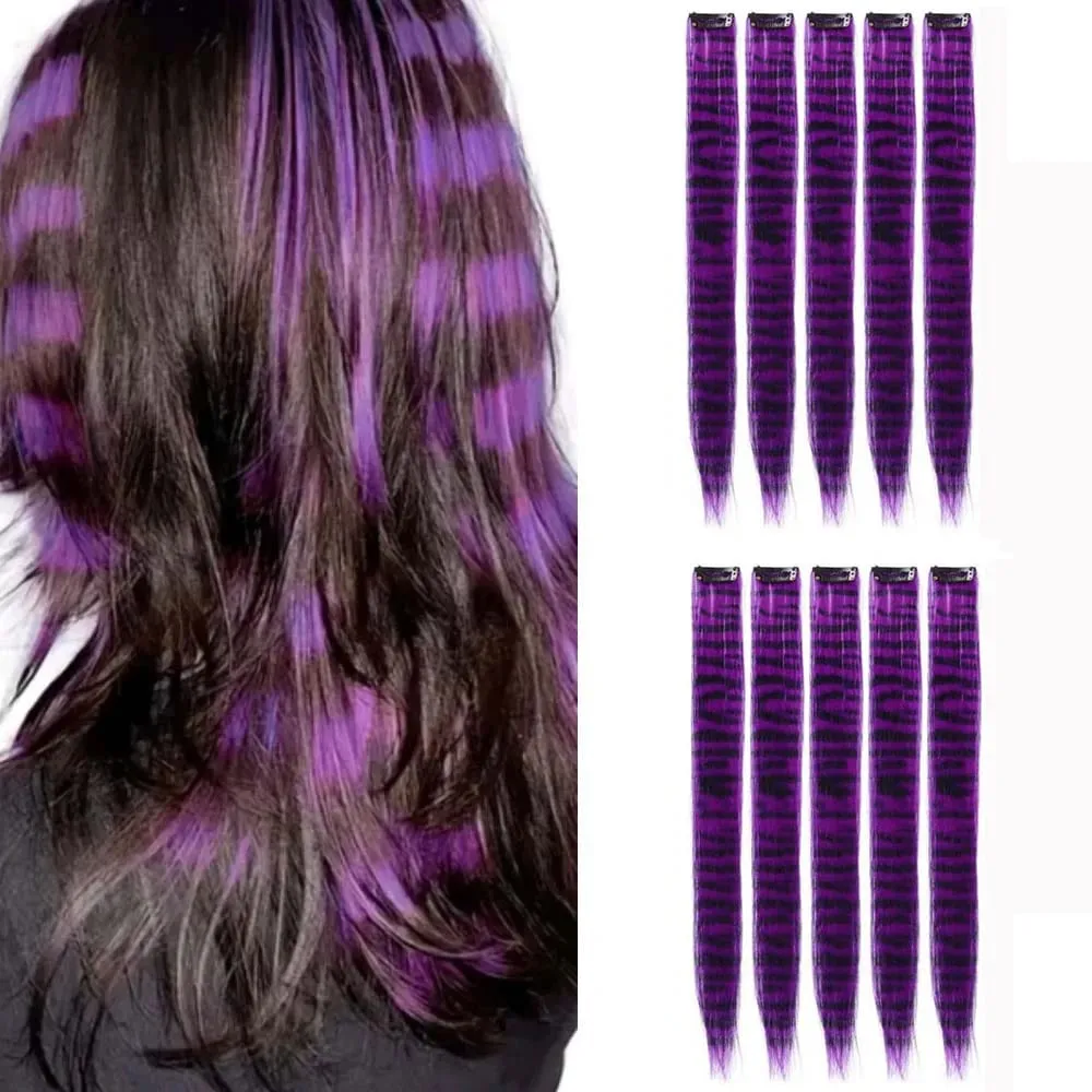 10pcs/set Stripe Printed Hair Colorful Long Straight Hair Pieces Synthetic Clip-in Hair Extensions for Daily Use Party Halloween — image 12