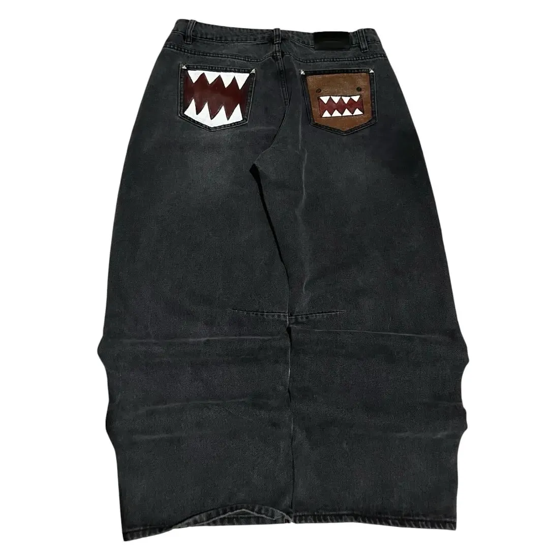 Y2k Dark Wash Baggy Jeans Men Shark Mouth Pocket Print White Tribal Flame Side Graphic Harajuku Wide Leg Hip Hop Denim Trousers
