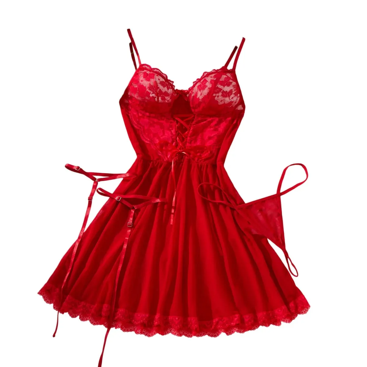 Sexy Bra And Garter Belt Lingerie Hot Red Babydoll Dress Erotic Women Exquisite 3-Piece Sets Thong Nightgown Set With Leg Rings — image 1