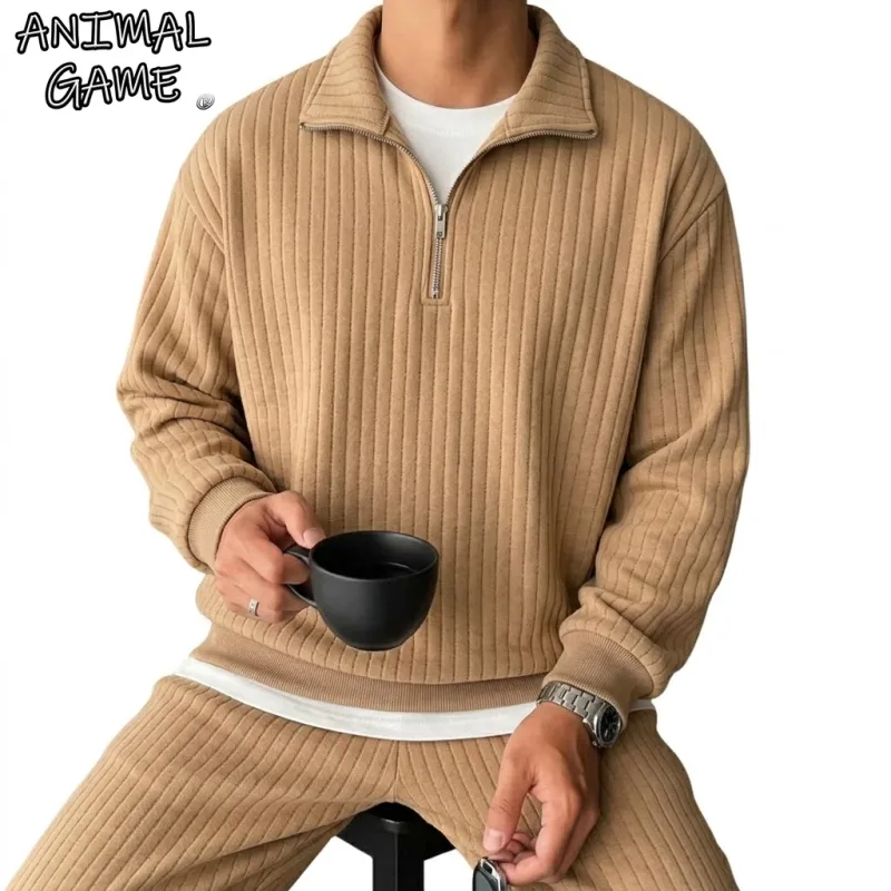 Quarter Zip Men's Sweatshirts Luxury Solid Stripes Pullover Zip Up Hoodies Gym Man V Neck Zip Up Shirts Long Sleeve Mens Coats — image 2