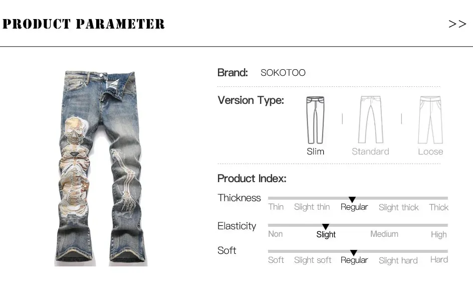 Men's Skull Boot Cut Denim Jeans Vintage Blue Devil Embroidery Stretch Pants Slim Flared Trousers — image 7