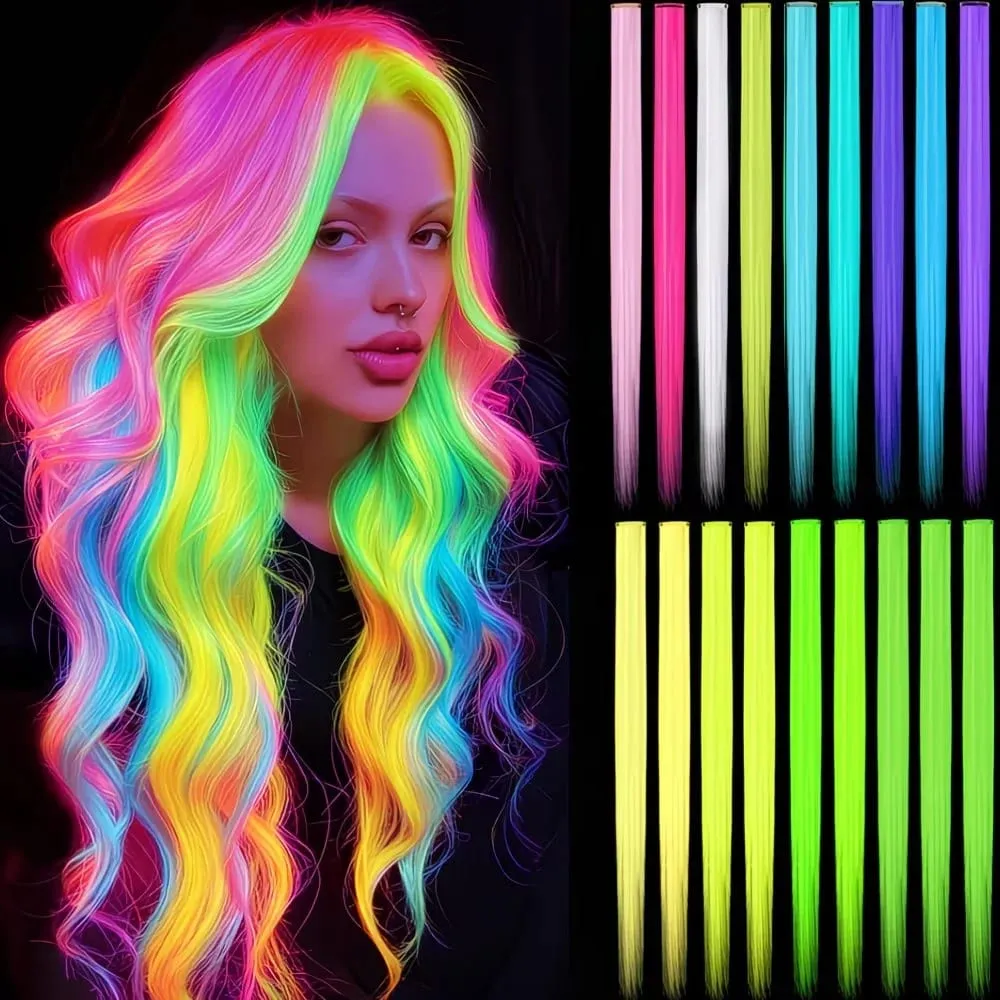 Glow in the Dark Hair Extensions Luminous Colored Hairpieces Colorful Hair Clips Synthetic Neon Fake Hair Clips Hair Accessories — image 2