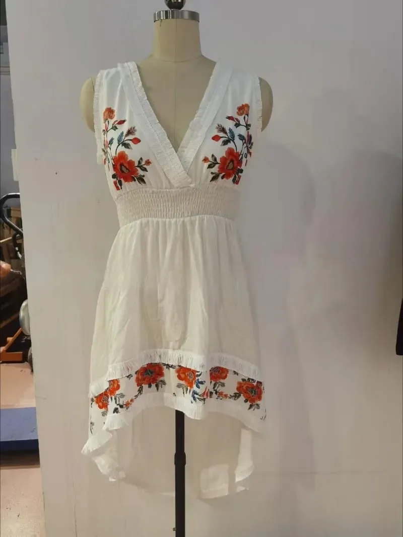 2026 New Retro Western Cowgirl Floral Embroidered Mini Dress Women V‑Neck Sleeveless Fringe High Low Hem Vacation Beach Sundress — image 4