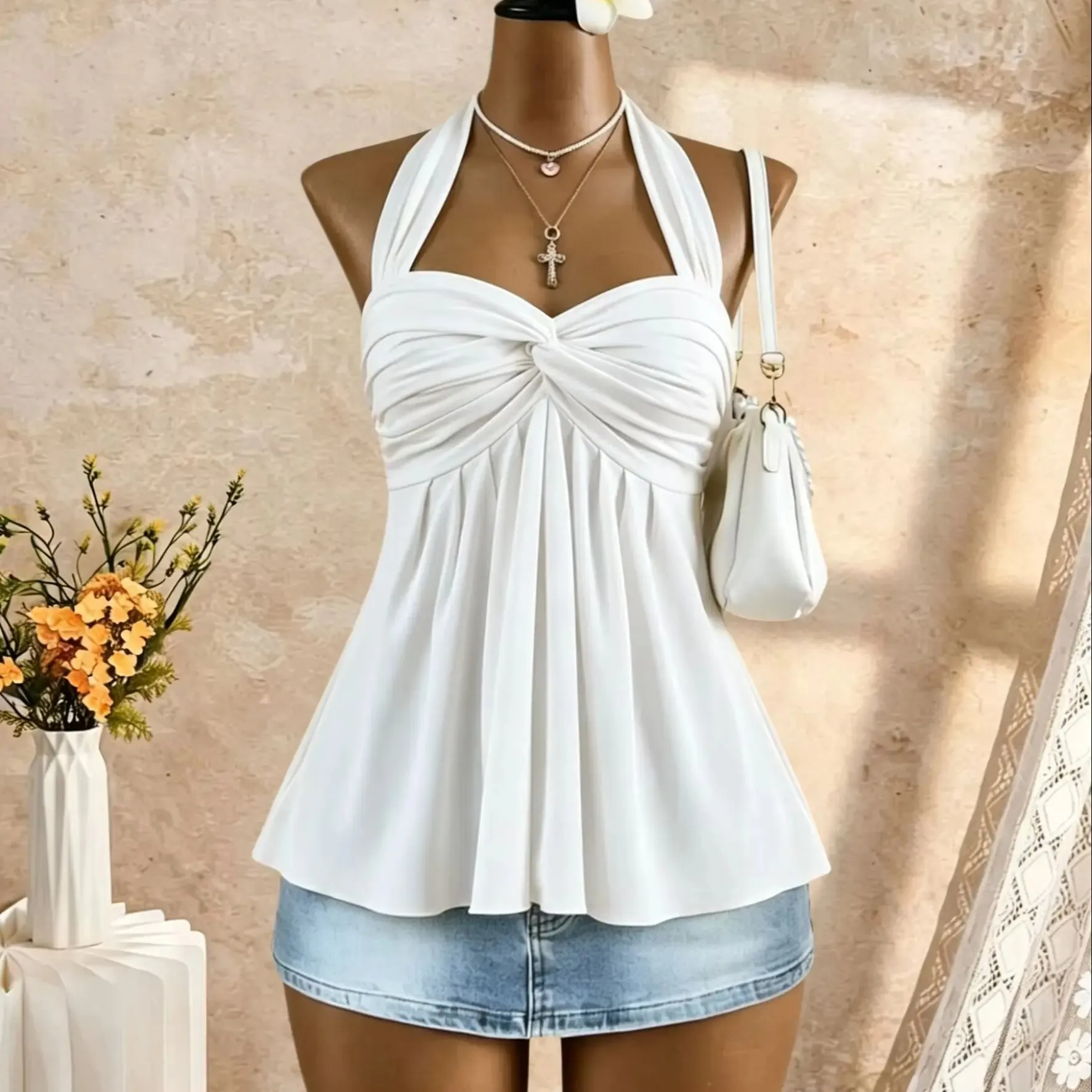 Women Halter Twist Front Sweetheart Neck Flared Peplum Camisole 2026 Summer Y2K Solid White Sleeveless Flowy Beach Vacation Tank — image 11