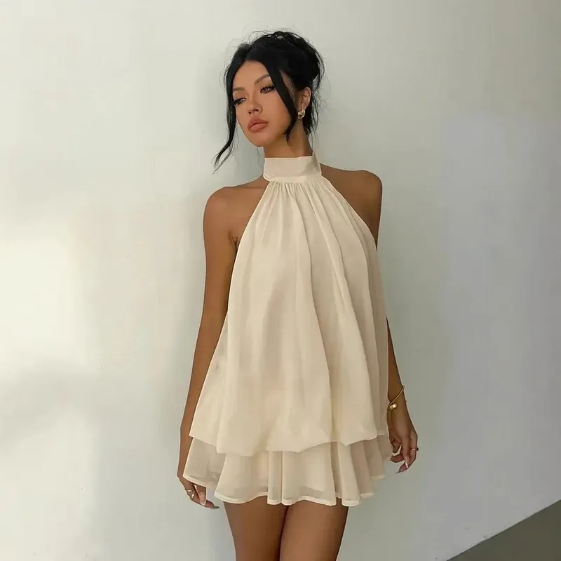 Women's Halter Neck Dress Backless Tie-Front Chiffon Sheer Mini Skirt Fashionable Sexy Y2K Vintage Cute Party Birthday Dress — image 7