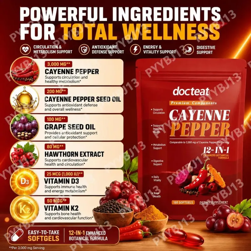 Docteat Cayenne Pepper Softgels with Vitamin D3 and K2 Energy Metabolism and Digestive Support Antioxidant Defense 180 Softgels — image 4