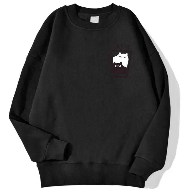 Cat Latte Cartoon Design Men Sweatshirt Fashion Casual Hooded Vintage Loose Hoodies Korean Fleece Clothing