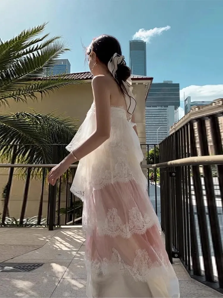 Chic Lace Patchwork Layered Sling Dress Women Sleeveless A-line Long Dresses Female Sweet Elegant Summer Party Lady Vestidos — image 6
