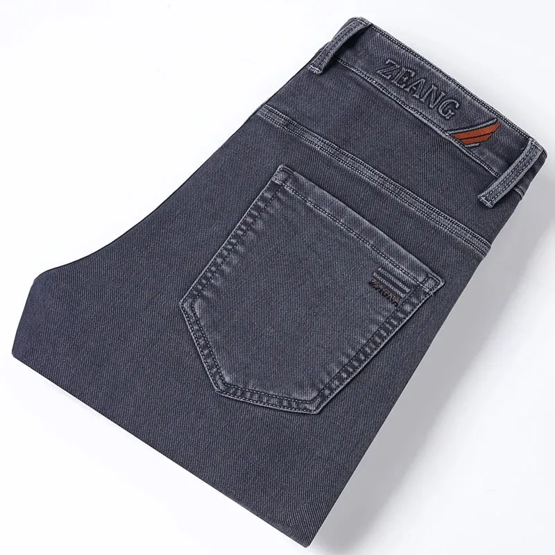 Classic Straight Men's Stretch Jeans Lyocell Cotton Comfortable Soft Casual Denim Pants Spring Business Work Gray Trousers
