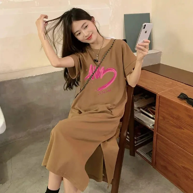 Women Summer Casual T‑Shirt Dress Short Sleeve Round Neck Letter Print Loose Long Maxi Dress Streetwear Oversized Sundress — image 3