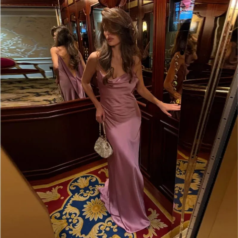 Backless Satin Long Sling Dress Women V Neck Sleeveless Slit Solid Sexy Party Dresses 2026 Summer Lady Vacation Evening Robes