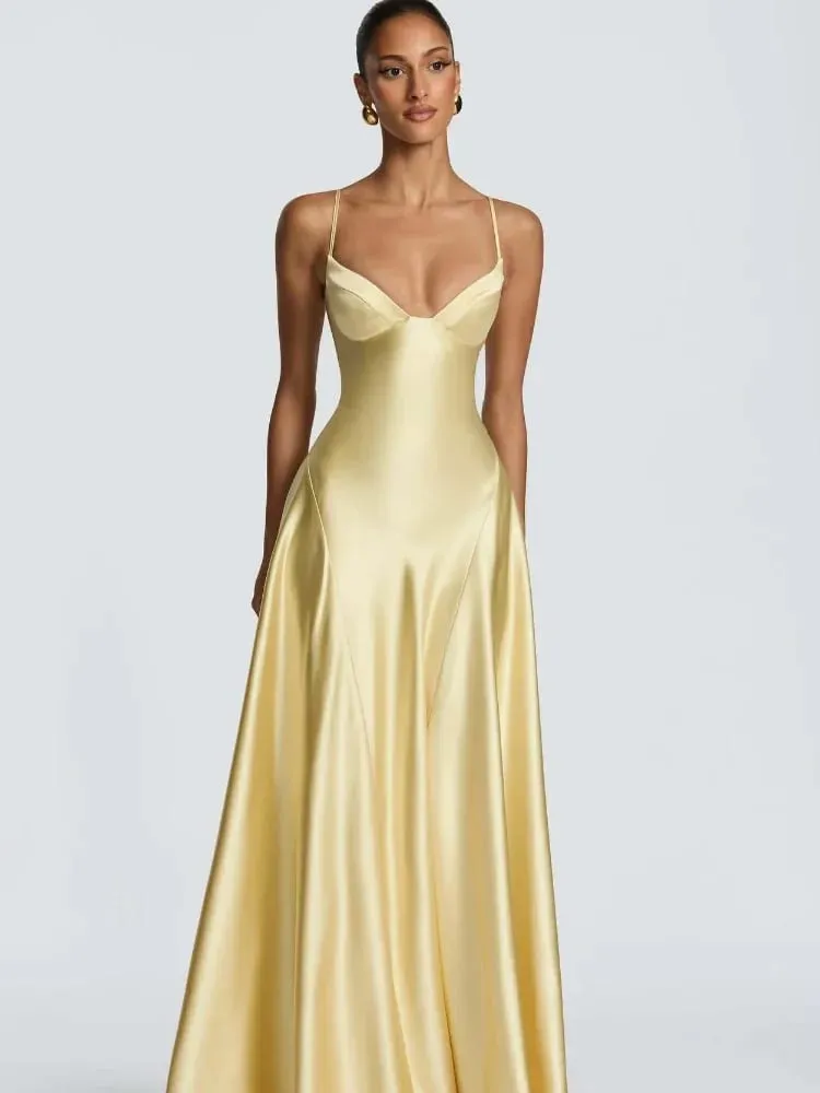 Butter Yellow Women Satin Slip Maxi Dress Elegant Spaghetti Strap A-line V Neck Waist-cinching Summer Lady Formal Evening Gown — image 2