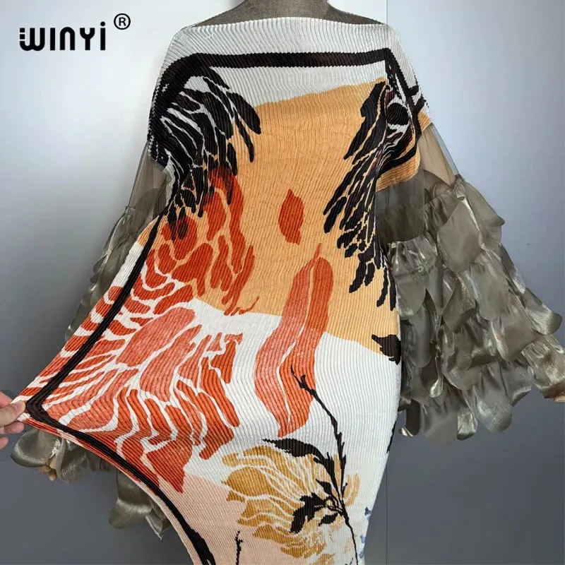 Elastic Slim Pleated Dress Beach Cover Up Boho Kaftan Abaya Dubai Luxury Party Dress Long Down Muslim Woman Evening Dress