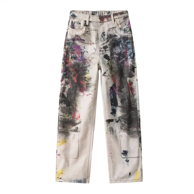 Y2K American New Mens Denim Pants Streetwear Hip Hop Tie Dye Jeans Fashion Harajuku Man Motorcycle Jeans Techwear Pantalon Homme