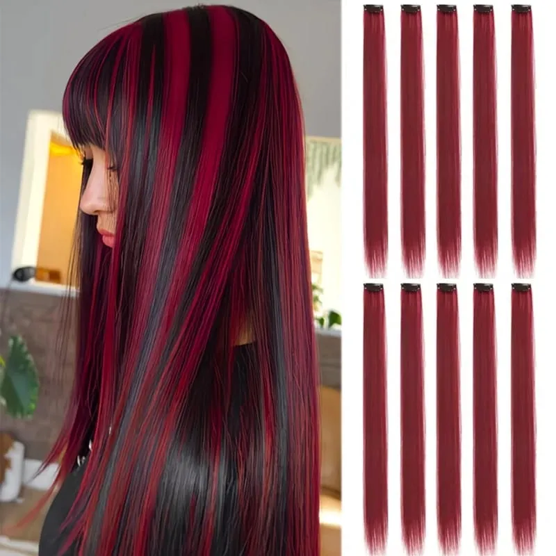 10Pcs 24 Inch Colored Clip In Hair Extensions Straight Synthetic Highlight Hairpieces For Girls Cosplay Party — image 12