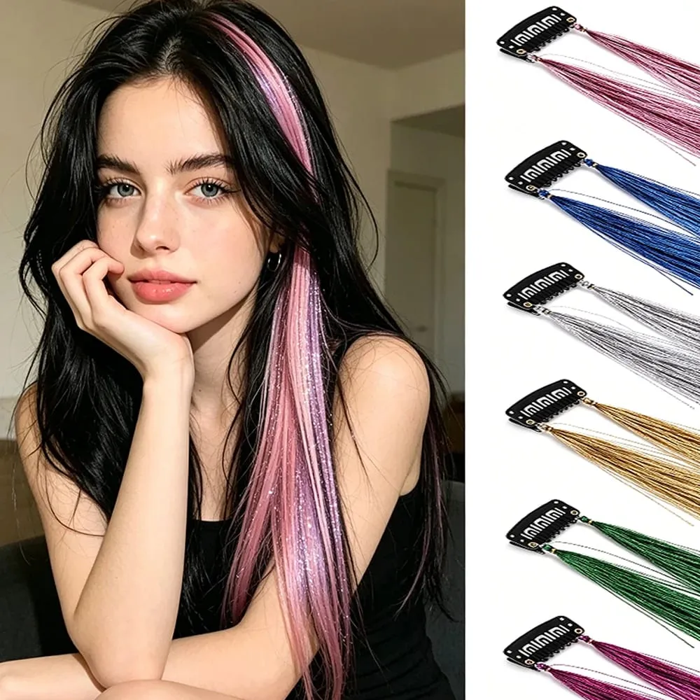 Multi-color Laser Wire Hair Extensions Shiny Tinsel Clip-in Hair Pieces Glitter Colored Hair Strands for Daily & Party Hairstyle — image 2