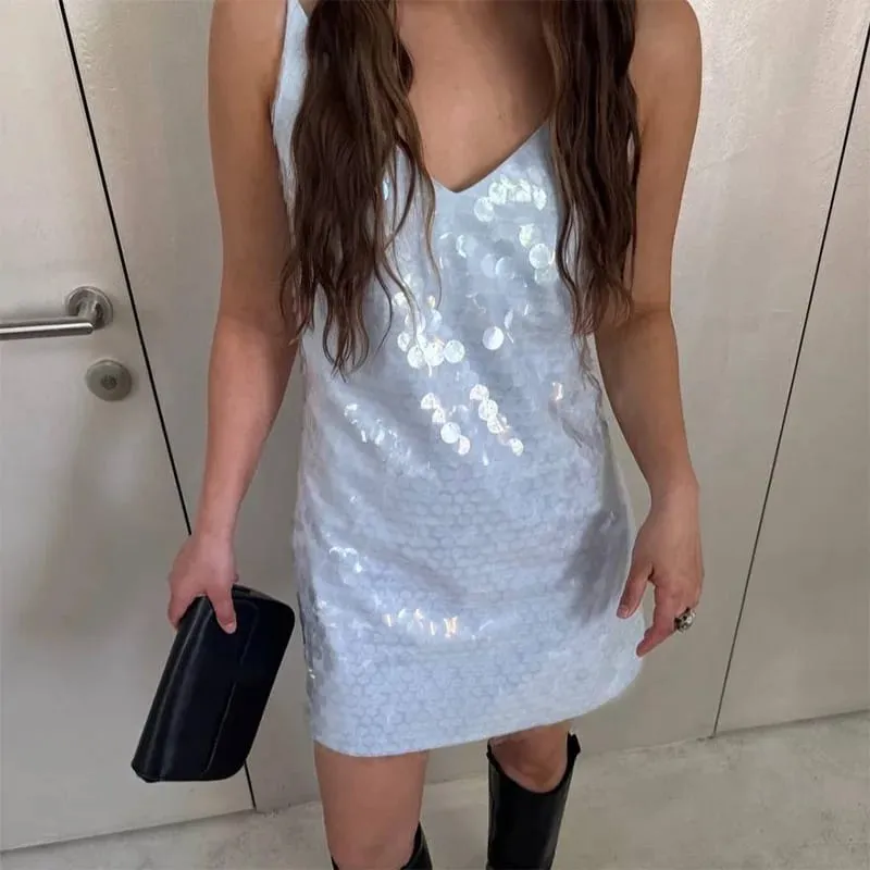 Beach Sequin Short Women Dress Loose Deep V-neck Sleeveless Backless Spaghetti Strap Sundress 2026 Summer Solid Glitter Dresses — image 12
