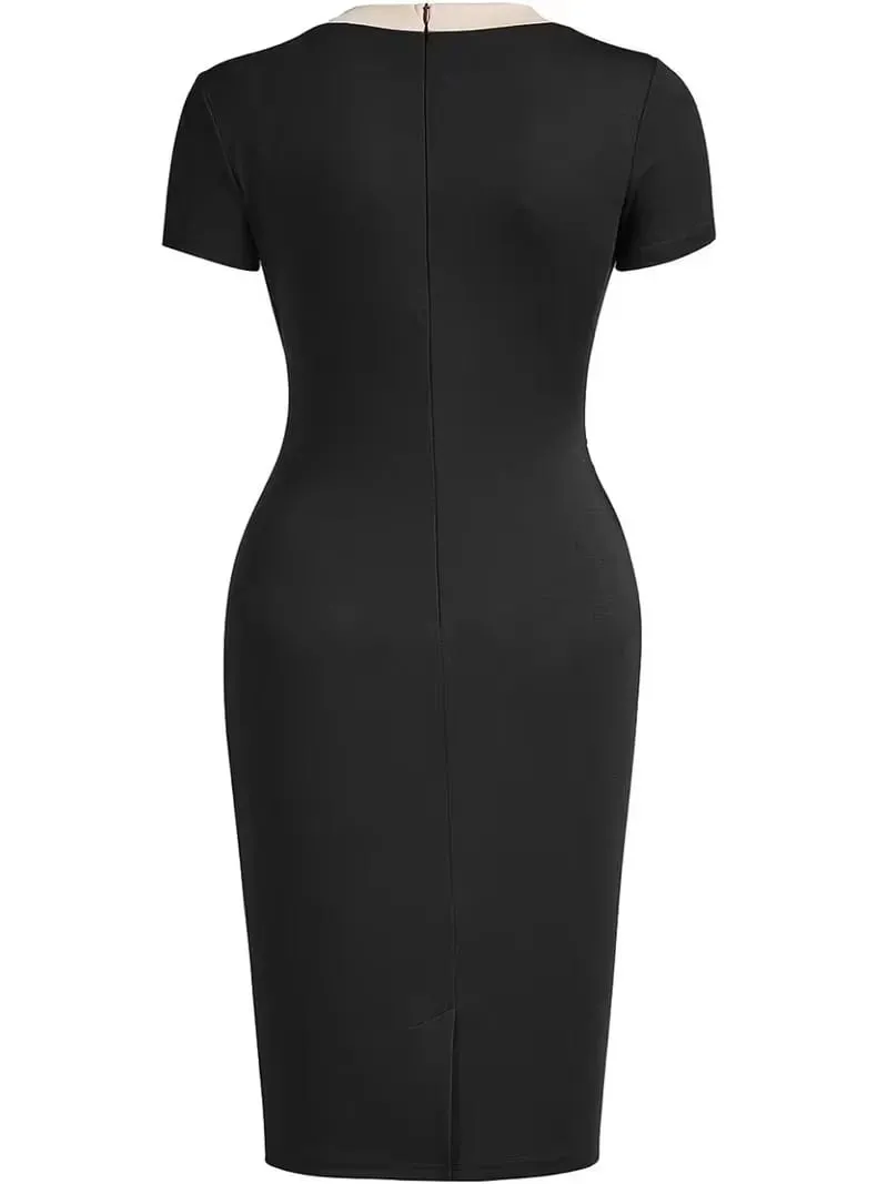 Women Elegant Color Block Asymmetrical Square Neck Short Sleeve Business Casual Work Knee Length Bodycon Pencil Dress