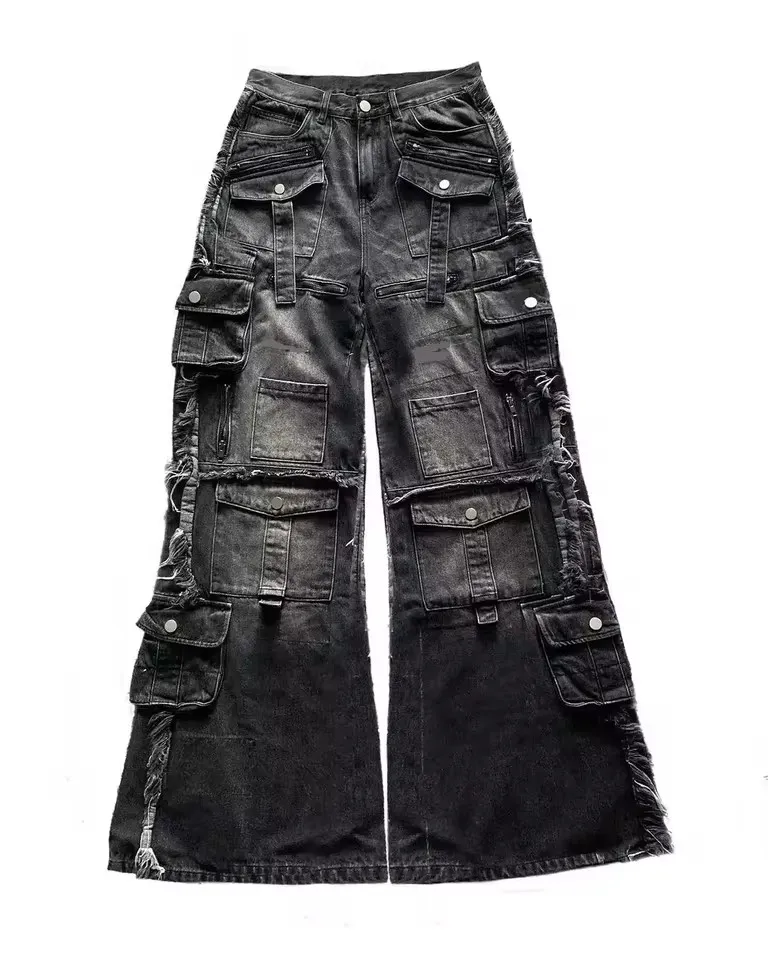 Y2K Black Multi Pocket Cargo Jeans Men Women Wide Leg Distressed Frayed Hem Flap Pockets Button Detail Baggy Streetwear Trousers — image 3