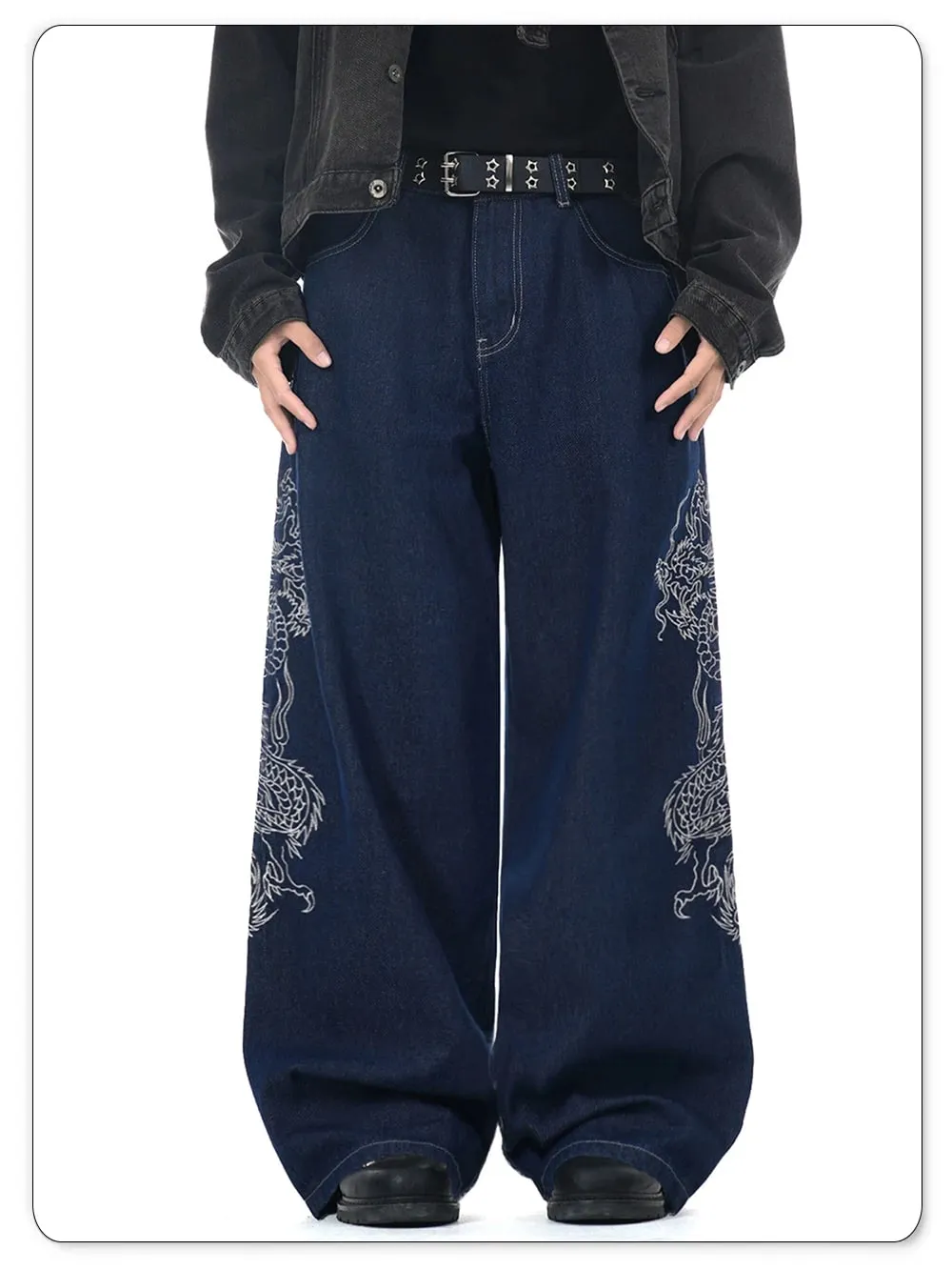 Neue Herren-Jeans mit weitem Bein, blau, Baggy-Drachen bestickt, Frühling und Sommer, klassisch, blau, Baggy-Jeans, gewaschen, Unisex-Kleidung