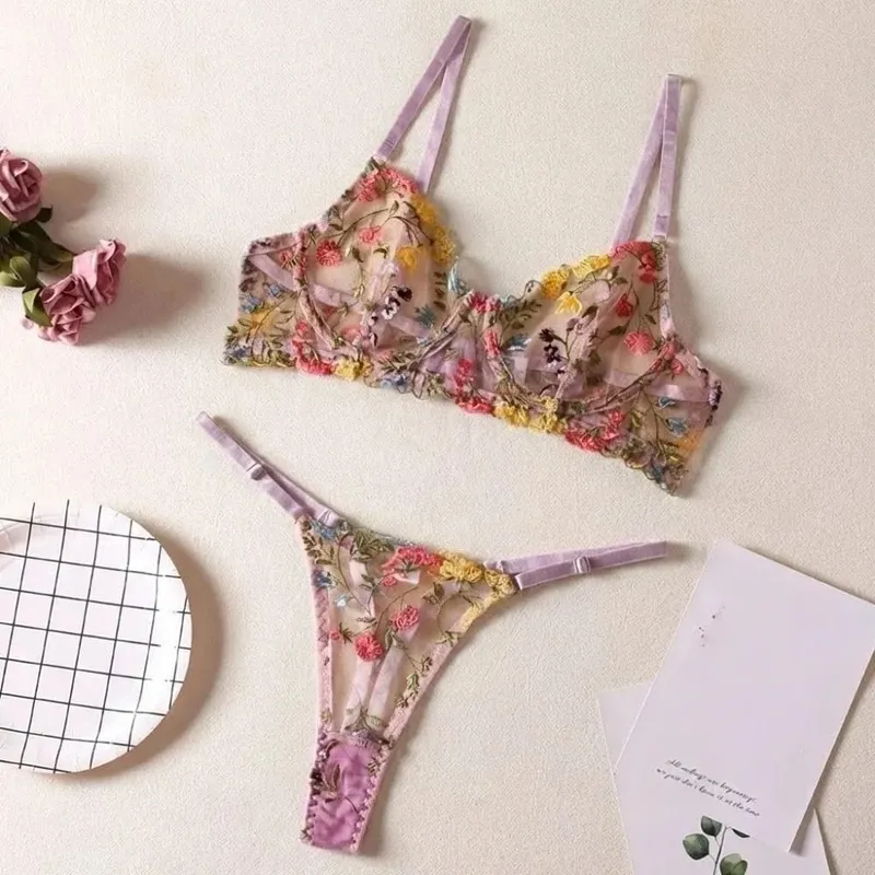 2-Piece Floral Lingerie Set Sheer Embroidery Underwear Intimates Versatile Underwire Push-up Bra Panty Set For Lady Girl — image 5