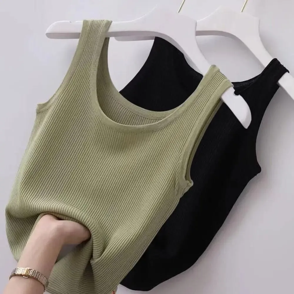 2024 Polyester Sexy Sleeveless Camisole Basic Top Solid Color Summer Camisole Streetwear Tees T-Shirt Spring Knitted Tank Women