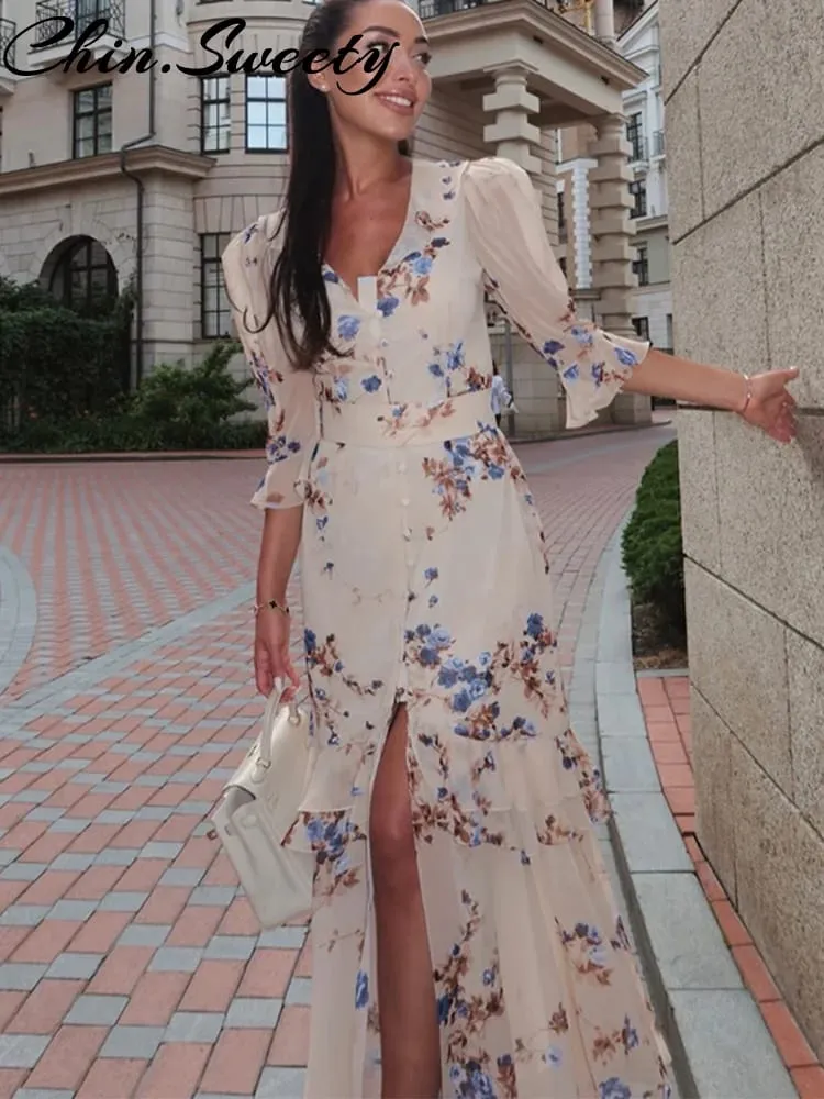 Sexy Print Women Long Dress Urban V-neck Single Breasted Ruffles Half Sleeve Female Dresses 2026 Spring Autumn Lady Robe — image 5