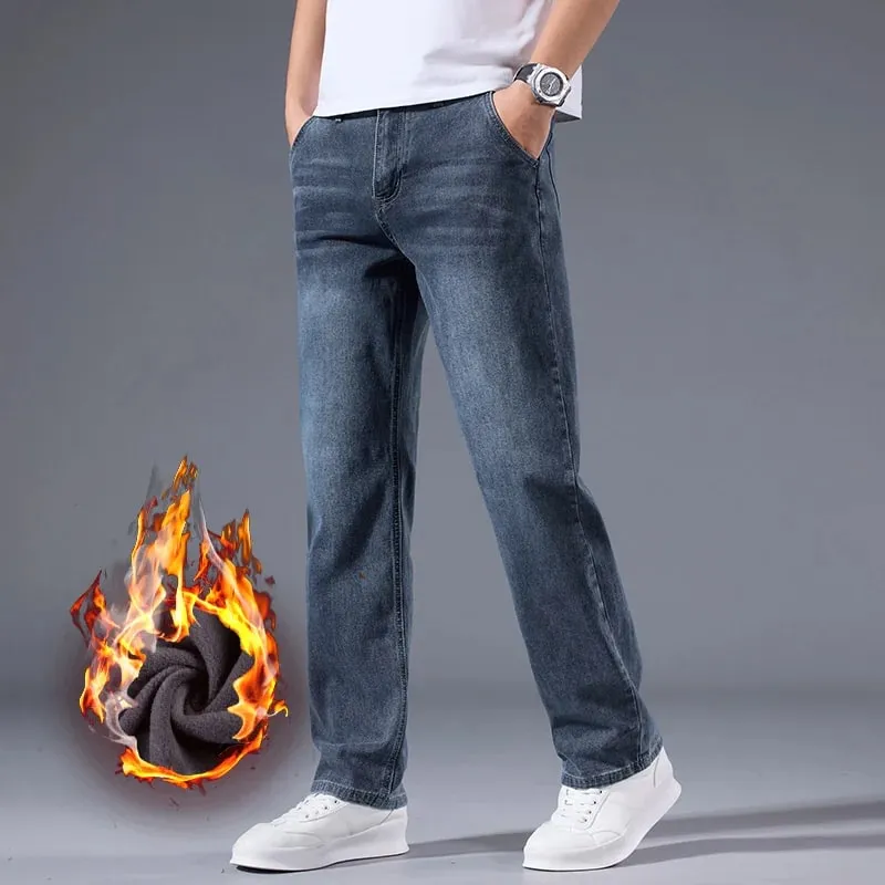 Winter Fleece Men Jeans Thick Stretch Business Casual Trousers Classic Loose Straight Warm Velvet Denim Pants Office Daily Wear — image 9