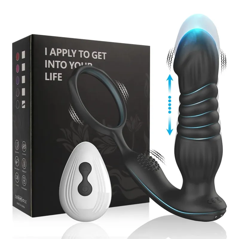 Stötande analvibrator med kukring Prostata massageapparat Analplugg Vibrator Fjärrkontroll Butt Plug Sexleksak för män och par