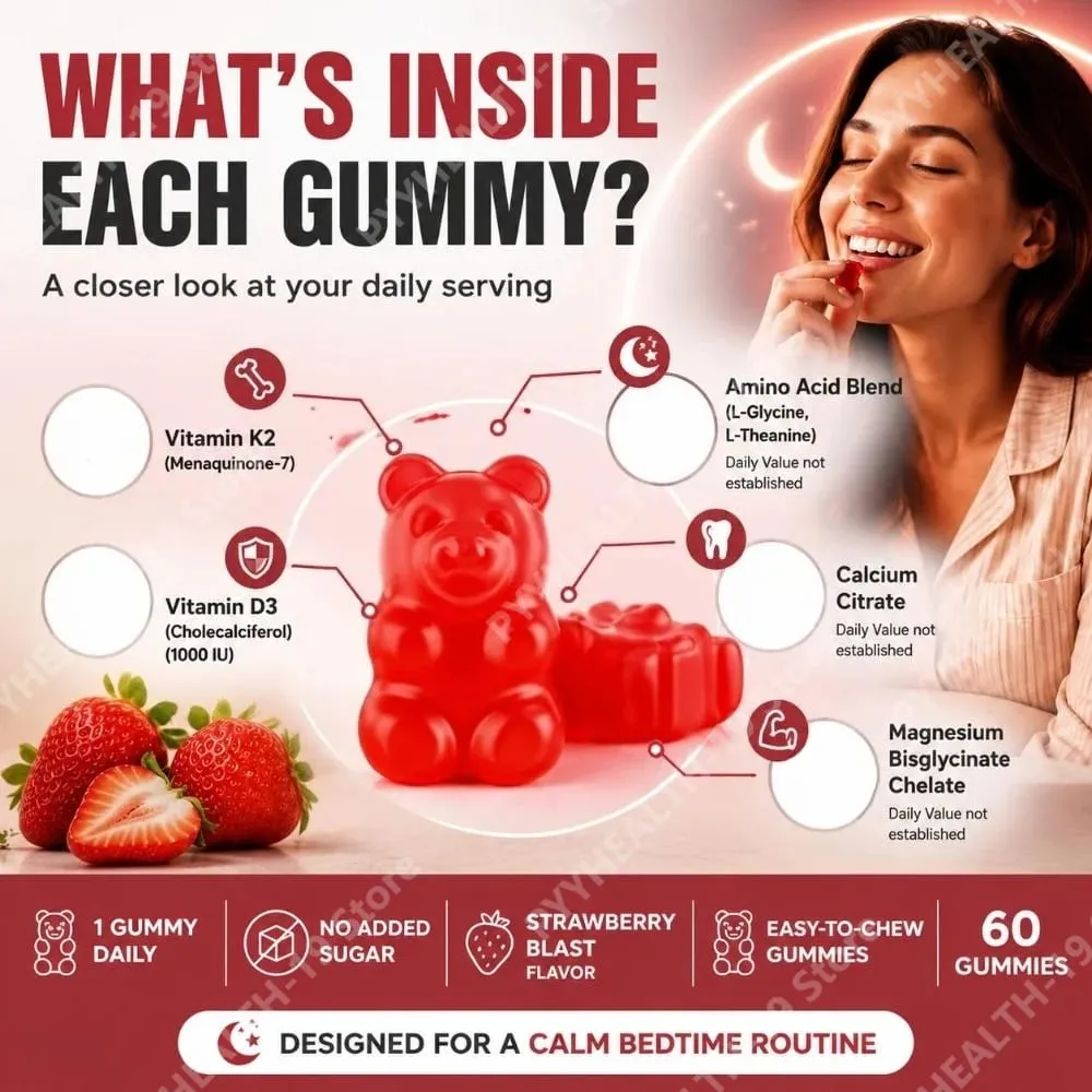 Nutrition Gummies with Vitamin K2 D3 Calcium & Magnesium for Bone Health & Relaxation Sleep Wellness Support Adults 60 Gummies — image 7