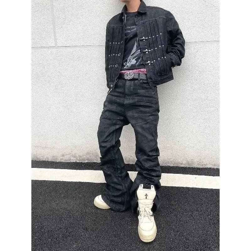 Denim Pant Men Stacked Jeans Vintage Pants Spliced Full Length Mid Waist Washed Straight Trousers Y2k High Street Casual Spring — image 3