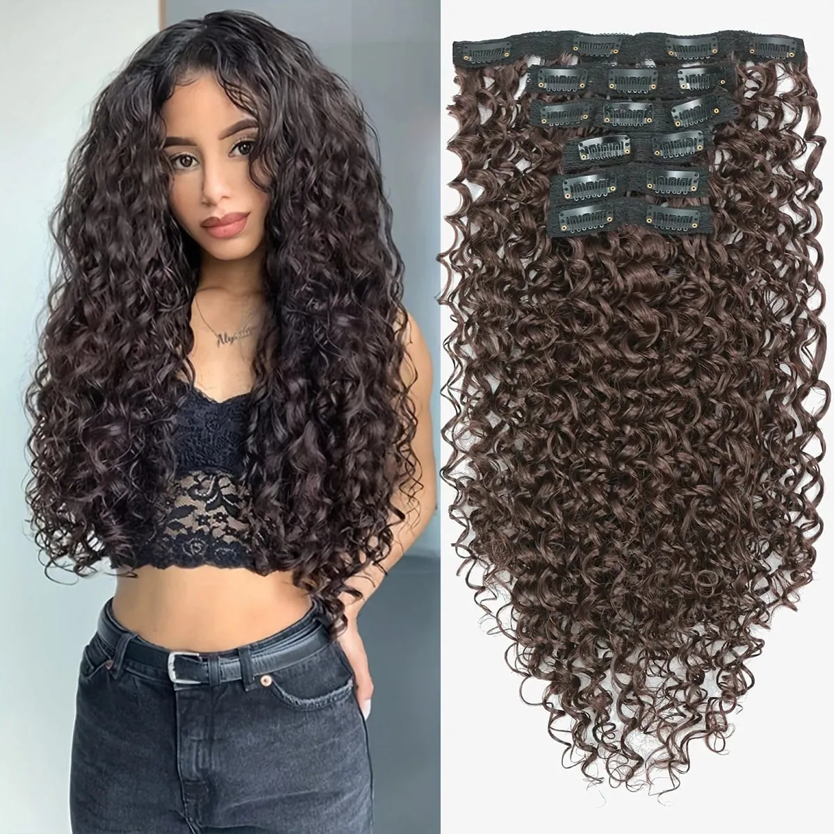 Synthetic 20inch Kinky Curly Clip In Hair Extensions Double Weft Full Head Japanese Heat Resistance Fiber Synthetic Curly Hair — image 9