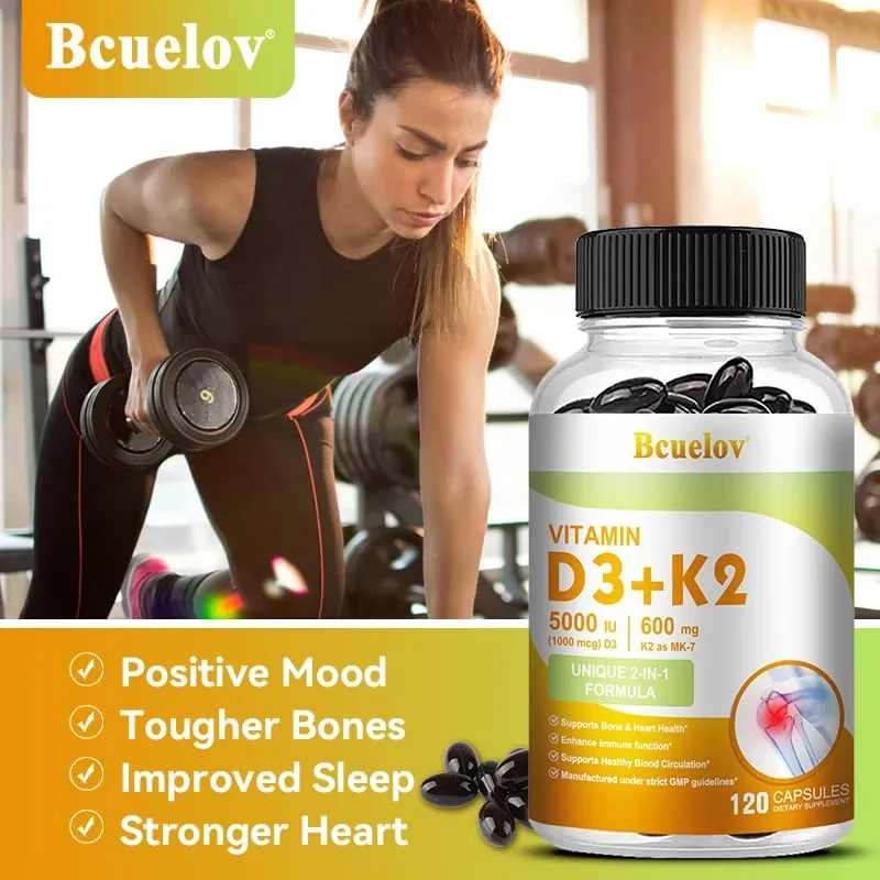 Bcuelov Witamina D3+K2 5000 j.m. Witamina D3 formuła bez GMO łatwy do połknięcia kompleksowy suplement diety z witaminą D i K