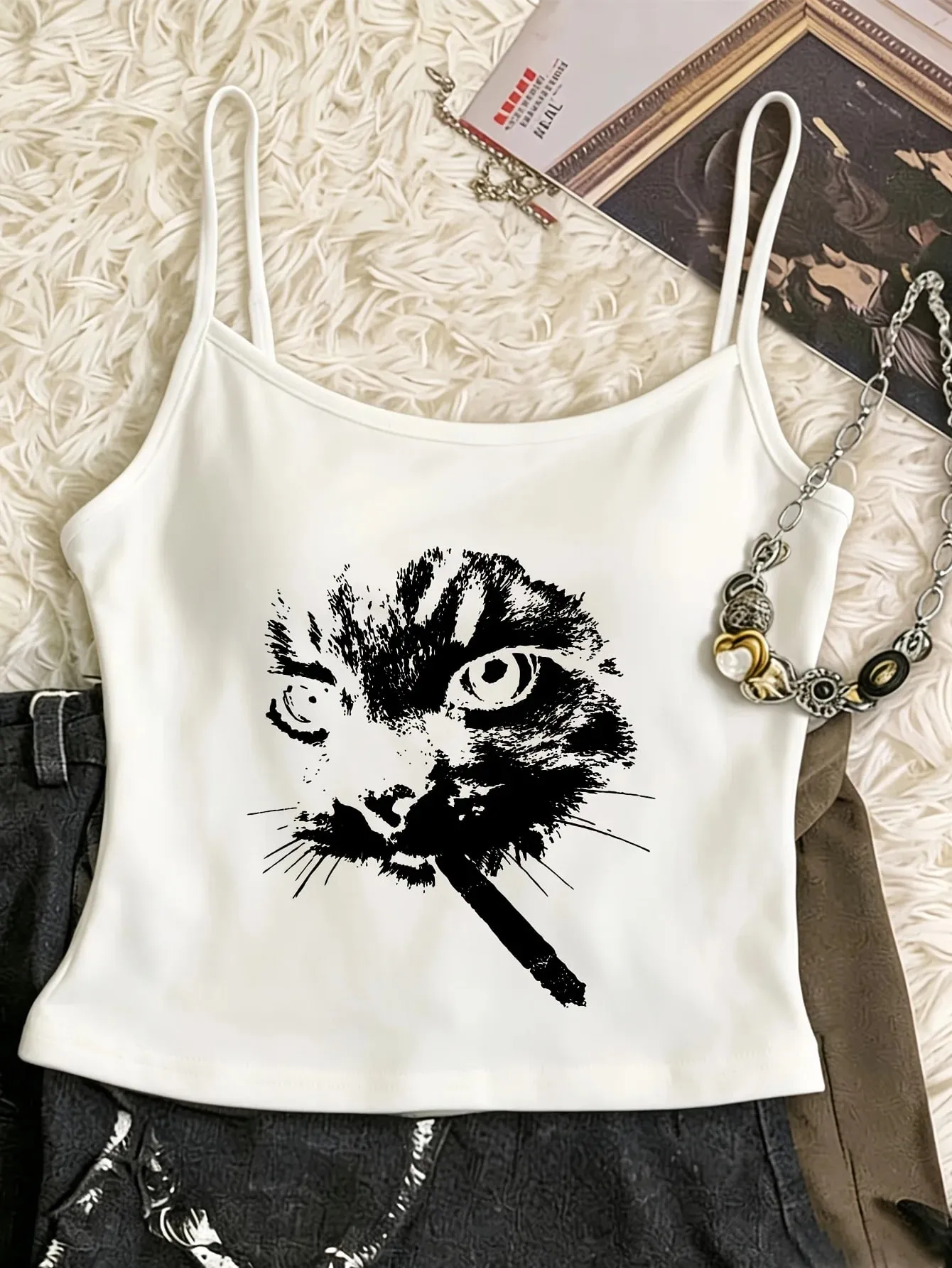 Trendy Retro Smoking Cat Print Camisole Top Y2k Style Streetwear Spring/Summer Women's Vest Graphic Crop Top Tank Top — image 2