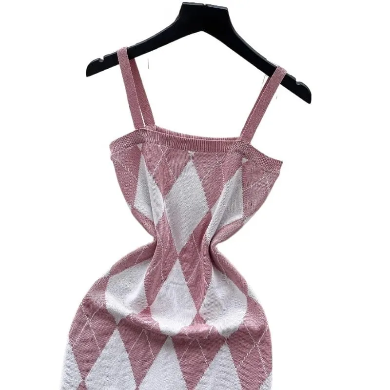 Argyle Pattern Mini Dress Women's Spaghetti Strap Square Neck Sundress Stretchy Knit Bodycon Casual Party Clubwear Dress Outfits — image 5