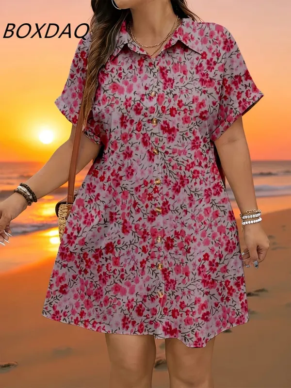 Short Sleeve Flower Pattern Fashion Women Mini Dresses Summer 3D Printed Street Elegant Casual Ladies Shirt Dress Plus Size 3XL — image 10