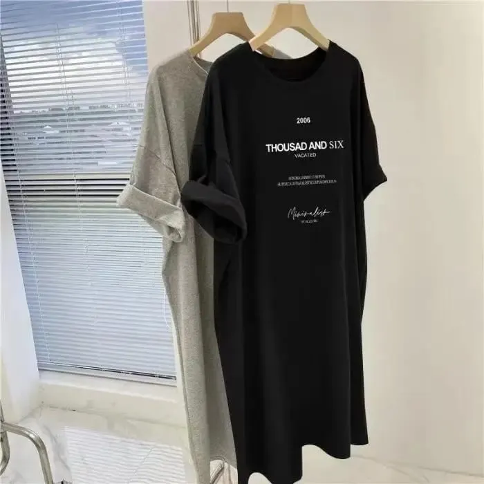 Short-sleeved Dresses Women's Summer Plus Size Medium-length T-shirt Dress Knee-length Casual Long Dress — image 4