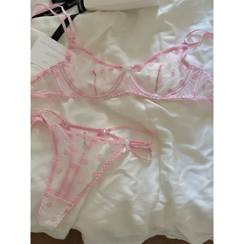 French Retro Lace Bra & Thong Set | Sexy Polka Dot Sheer Mesh Lingerie for Plus Size Big Bust Ultra Thin MOYISU Panty TUSHY Set — image 2