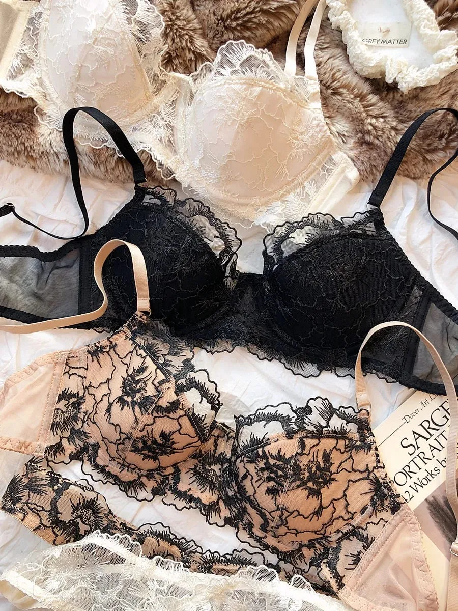 Sexy Women Underwear Set Lace Flowers Embroidery Push Up Bra Set French Thin Cup Comfort Breathable Lingerie Ladies Intimates — image 6