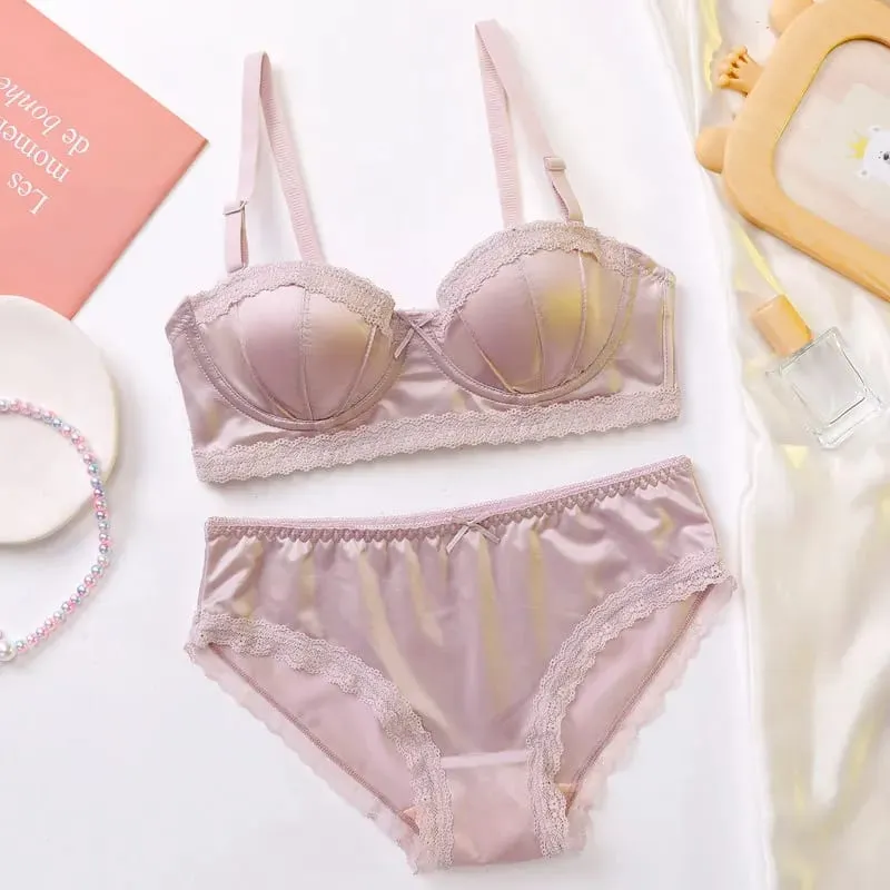 Luxury French Minimizer Bra Satin Lace Thin Cup Soft Underwire Uplift Centering Anti-Sagging Solid Comfort Support Elegant Women — image 1