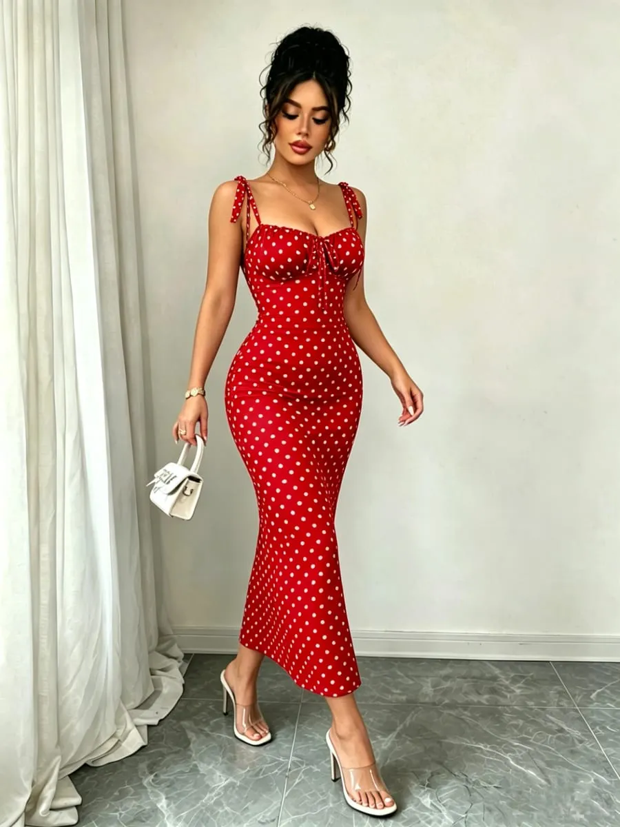 High-Elasticity Red Polka Dot Fishtail Skirt with Shoulder Straps + Chest Ruching for a Strong Waist Cinch Slim Fit Hip-Hugging Vintage Mid-Length Skirt — image 6